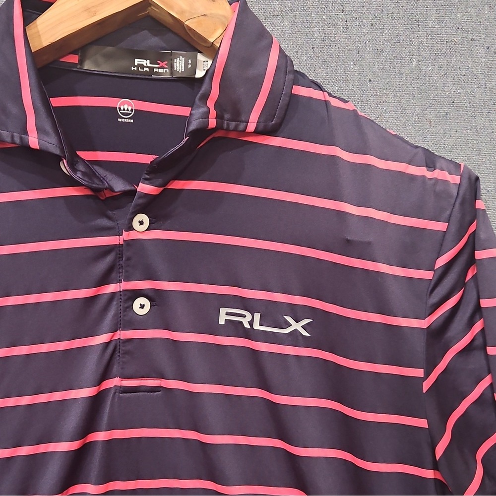 RLX Ralph Lauren Golf Polo Shirt Mens S Navy Pink Striped Moisture Wicking